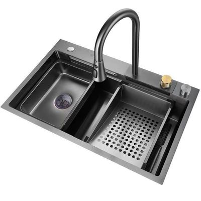Grain 75*45 Plateforme à bol unique sous-montage SUS304 Evier de cuisine avec robinet de pluie pulvérisateur