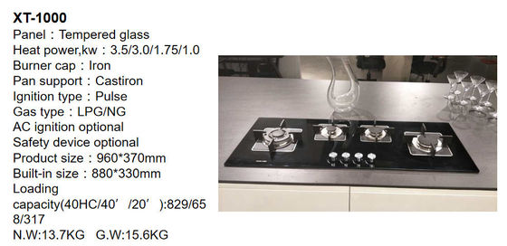 Cuisinière à gaz en acier inoxydable à allumage automatique 4 brûleur pour poêle intégré dans la cuisine