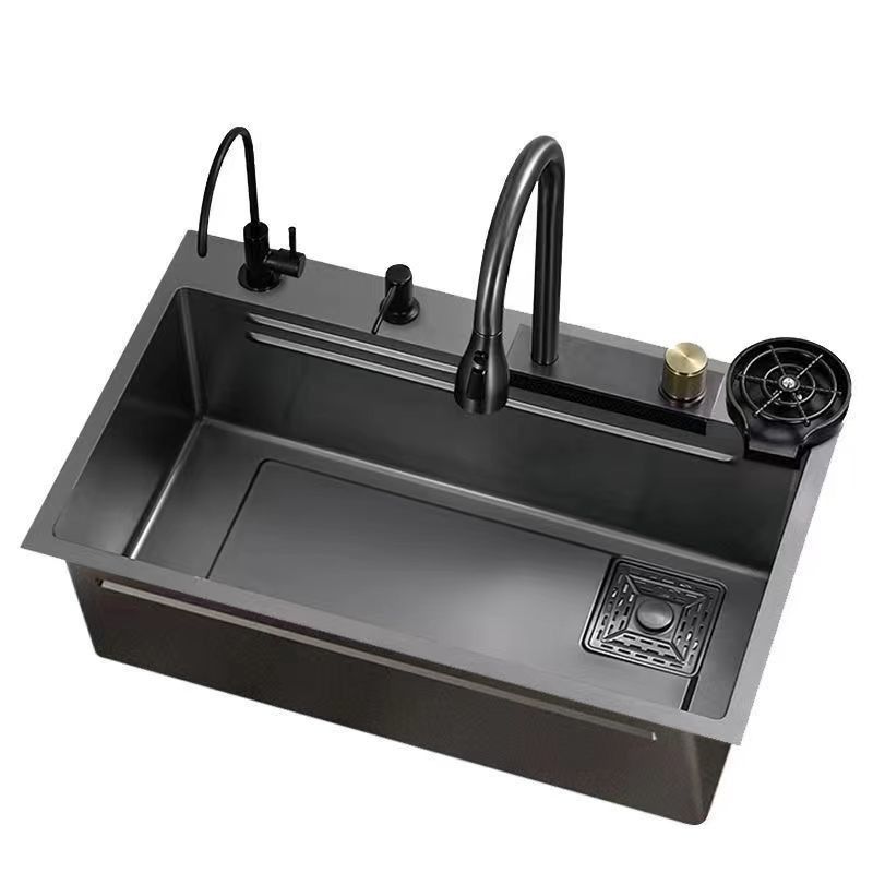 Grain 75*45 Plateforme à bol unique sous-montage SUS304 Evier de cuisine avec robinet de pluie pulvérisateur